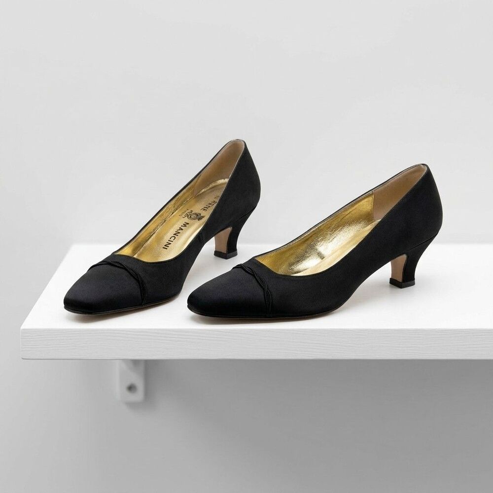 Vintage Rene Mancini Paris Black Satin Pumps EU 40 Italy 2" Heel Vero Cuoio